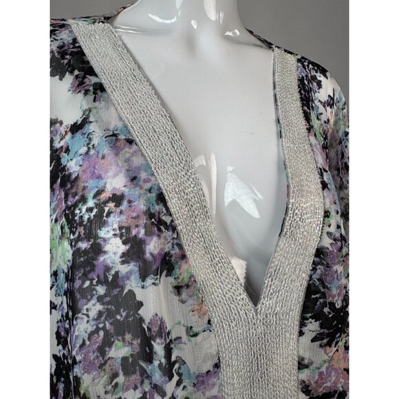 Badgley Mischka Floral Beaded V-Neck Blouson Top Gathered size L 100% Polyester - Picture 9 of 16